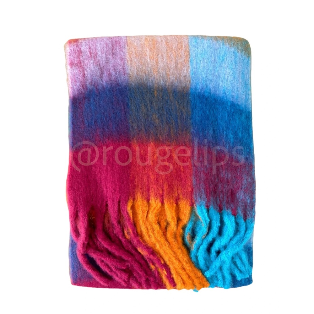 Plaid Multicolor Wide Shawl Scarf With Tassels Fuzzy Knit - Picture 8 of 8